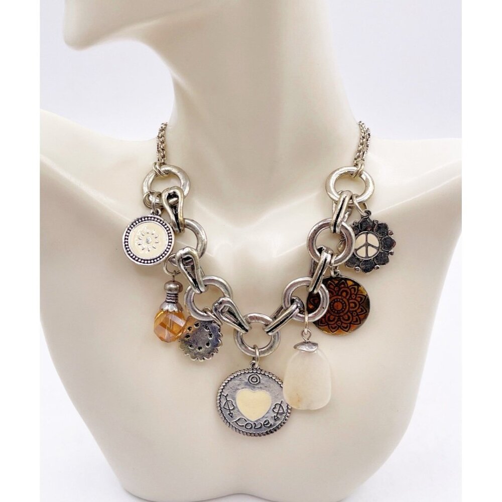 Axelle Creation Boho Charm Necklace Silver Tone Mixed Charms Mandala Love Heart